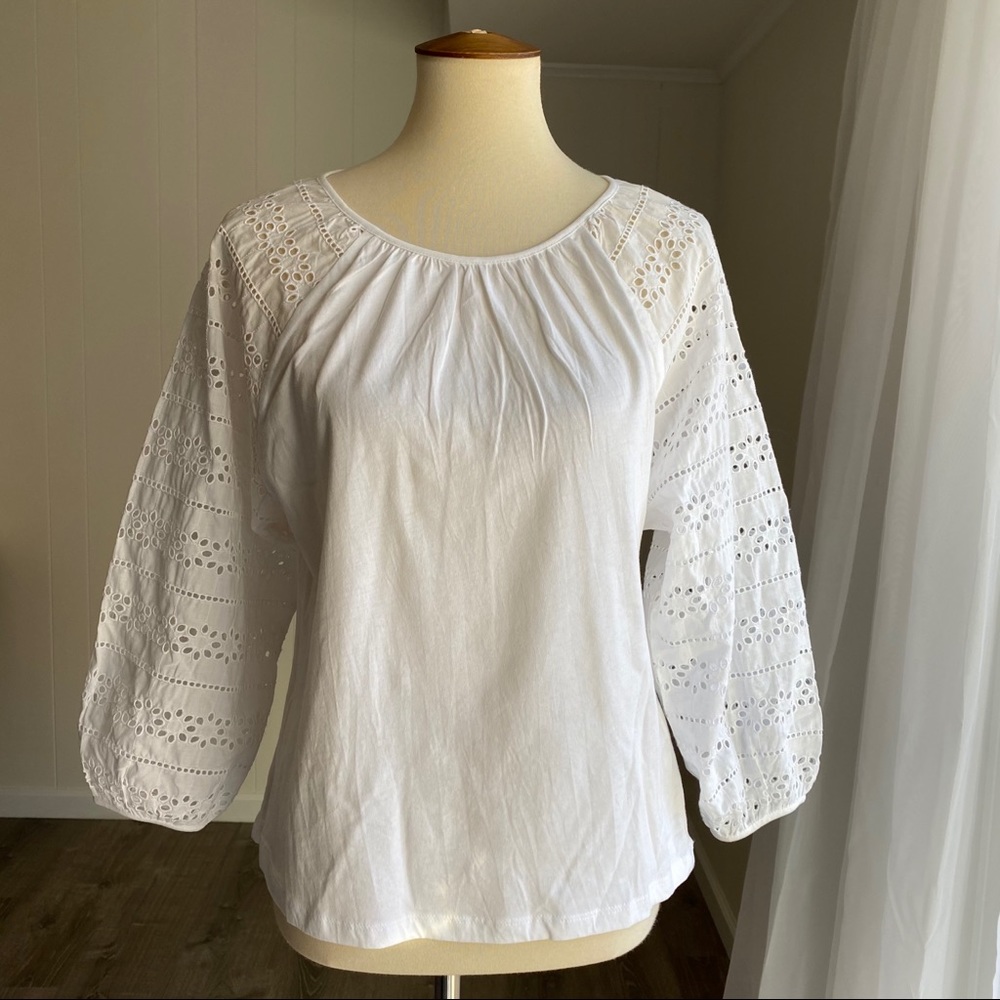 J. Crew White Eyelet Lace Sleeve Boho Blouse XS